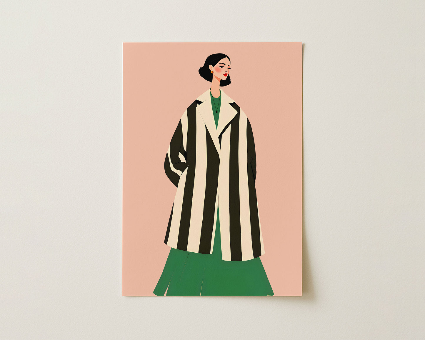 Illustration of a person wearing a black and white striped coat on a pink background