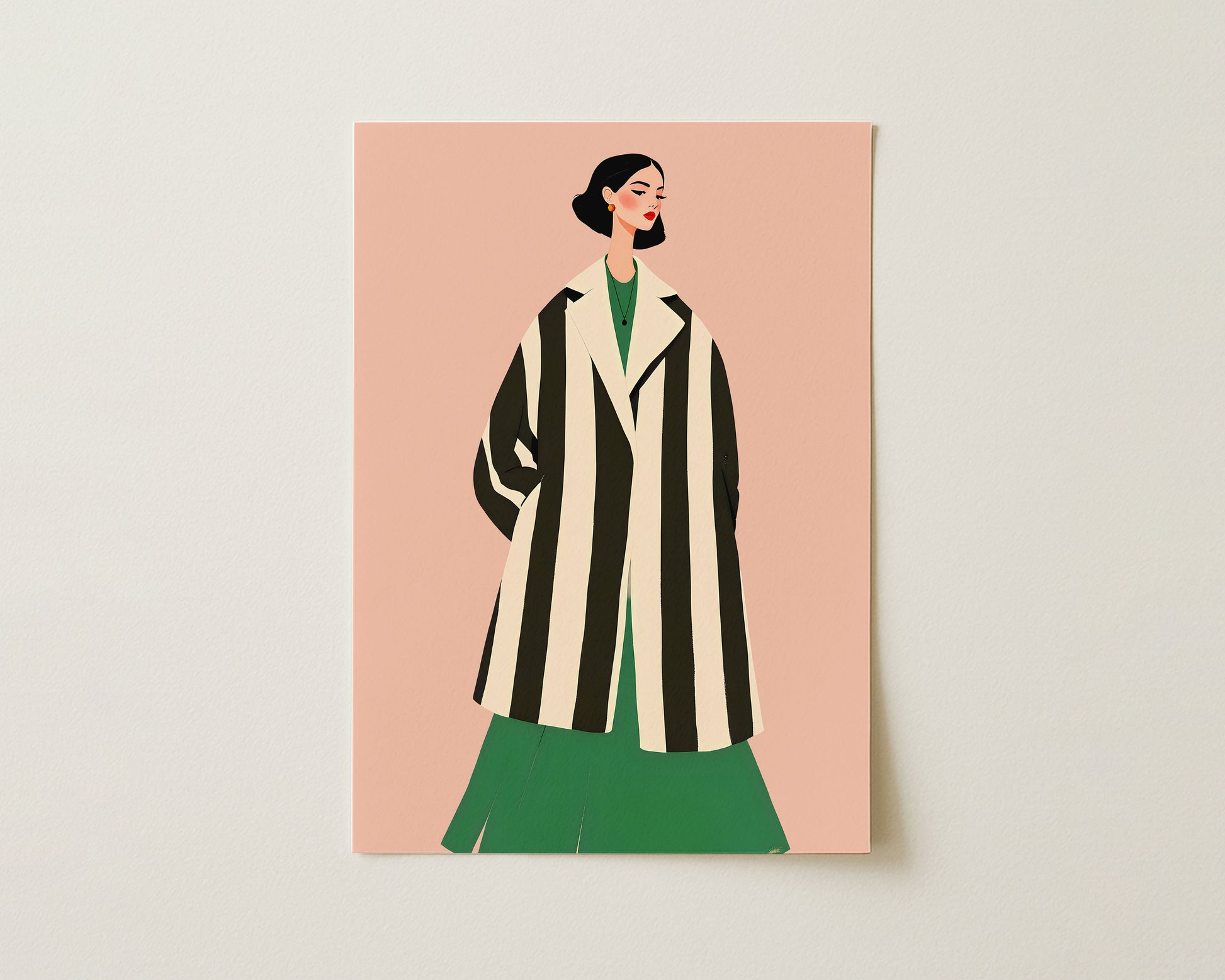 Illustration of a person wearing a black and white striped coat on a pink background