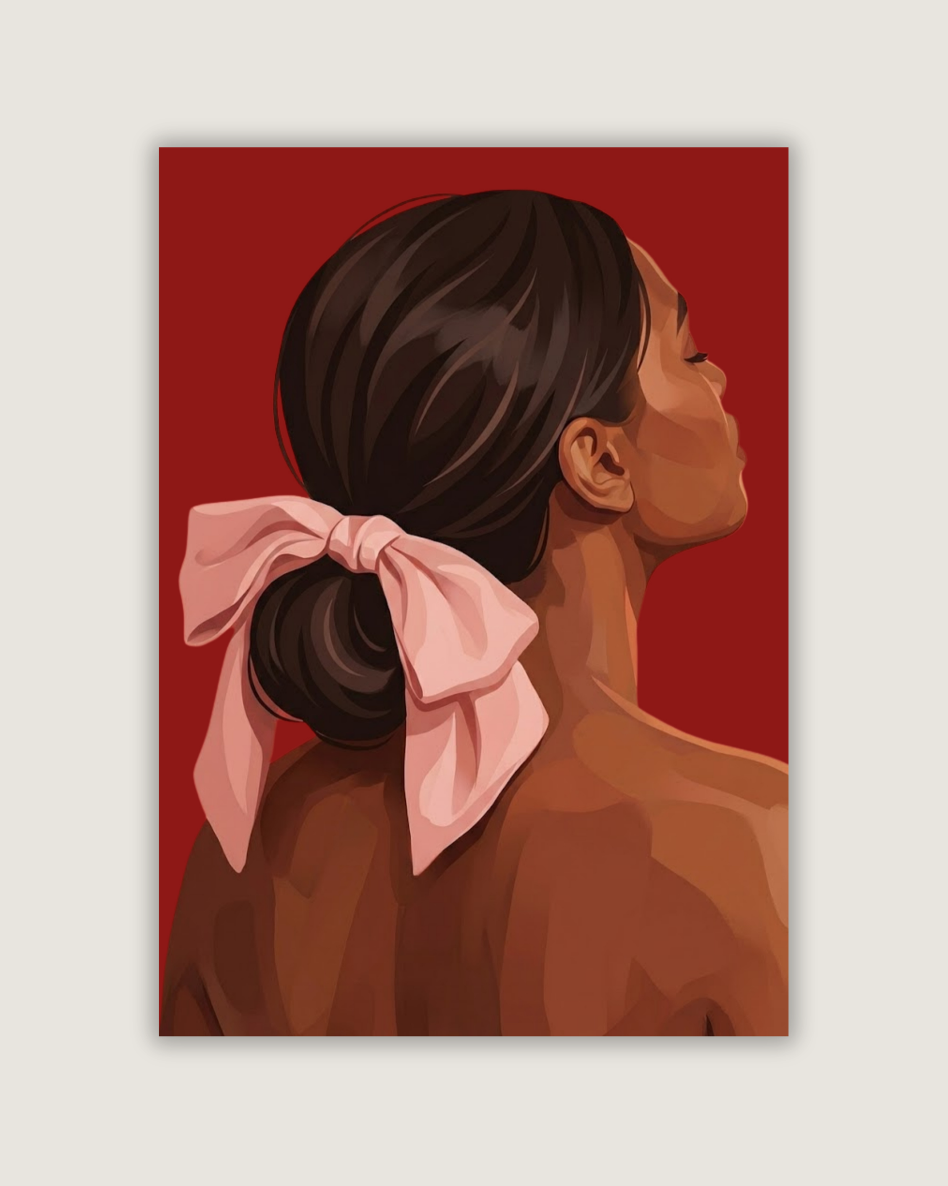 Illustration of a woman with a pink bow in her hair on a red background