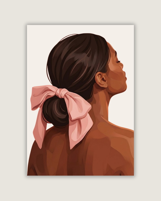 Illustration of a woman with a pink bow in her hair on a white background
